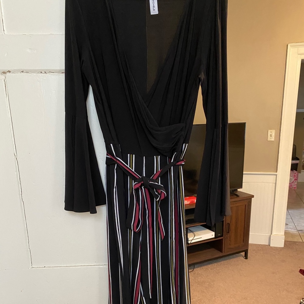Black, Burgundy, and Olive Striped Jumpsuit